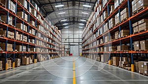 Warehouse Interior Rows of Cardboard Boxes on Orange Shelving