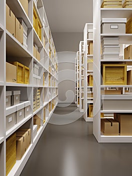 Warehouse interior with rows of shelves with boxes