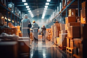 Warehouse interior with shelves, pallets and boxes