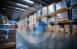 warehouse interior with shelves, pallets and boxes perspective