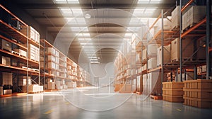 Warehouse interior with shelves and racks. 3d rendering toned image Generative AI