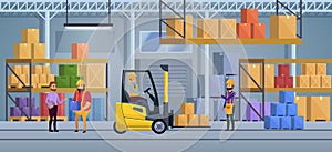 Warehouse interior vector illustration. Inside factory working process. Packaging freight, weight and goods delivering
