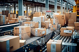 warehouse interior wit packages moving across conveyor belts