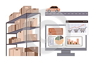 Warehouse inventory management, logistics and e-commerce dashboard with data analytics and delivery car