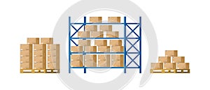 Warehouse inventory with rack  pallet and boxes. Shelf for storage of cargo. Stock of wholesale goods in warehouse of logistic.