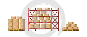 Warehouse inventory with rack, pallet and boxes. Shelf for storage of cargo. Stock of wholesale goods in warehouse of logistic.