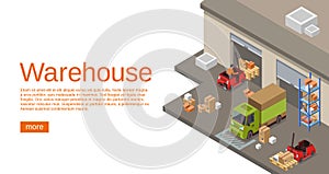 Warehouse isometric 3D illustration of storehouse and logistics and delivery transport