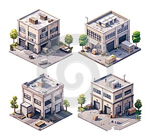 Warehouse isometry vector set. Storage logistics goods pallets delivery trucks trees elements modern building