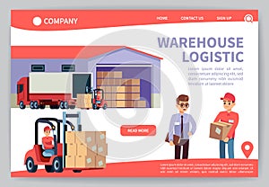 Warehouse landing. Warehousing logistics service, truck transportation marketing. Worldwide delivery technology web page photo
