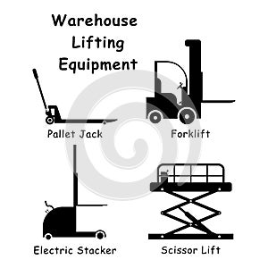 Warehouse Lifting Equipment. Black and white pictogram illustration depicting various factory warehouse lifting machines such as f