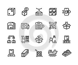 Warehouse line icons. Outline containers and package shipping storing and delivery pictograms. Vector editable line