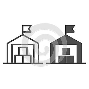 Warehouse line and solid icon, transportation delivery service symbol, storage building with flag vector sign on white
