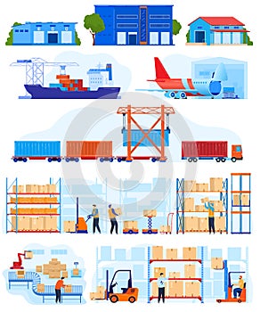 Warehouse logistic service vector illustration set, cartoon flat warehousing delivery collection with forklift, storage