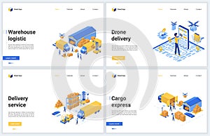 Warehouse logistic tech service vector illustration banner set for warehousing technology, express delivering innovation