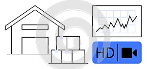 Warehouse Logistics, Data Analytics, and HD Video Concept with Graph and Storage Boxes