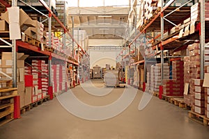 Warehouse with lots of boxes on racks. Wholesale business