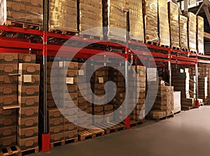 Warehouse with lots of boxes on racks. Wholesale business