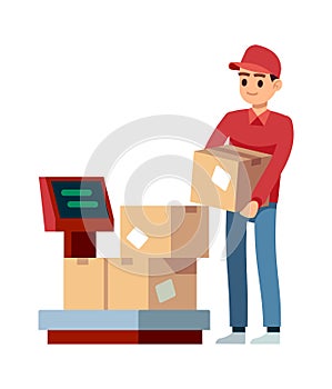 Warehouse. Man puts boxes on scales in industry offices, isolated vector comcept of delivery services