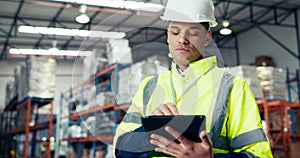Warehouse man, thinking and inspection on tablet for logistics, inventory, package data or stock with e commerce. Worker