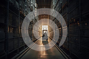 Warehouse man worker with forklift. Neural network AI generated