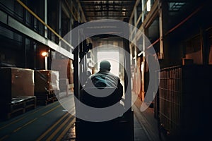 Warehouse man worker with forklift. Neural network AI generated