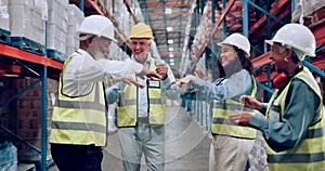 Warehouse, management and employee dancing for happy or storage inspection for supply chain, logistics or quality