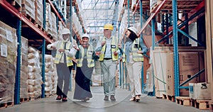 Warehouse, management and employee dancing or storage or shipping inspection as supply chain, logistics or quality