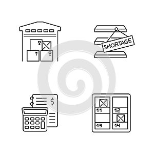 Warehouse management pixel perfect linear icons set. Goods counting, financial bookkeeping, storekeeping. Customizable