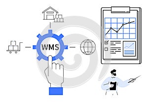 Warehouse Management System Overview with Gear, Data Visualization, and Logistics Elements
