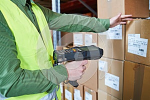 Warehouse Management System. Worker with barcode scanner