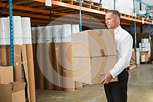 Warehouse manager carrying cardboard boxes