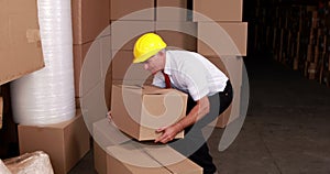 Warehouse manager injuring his back moving boxes