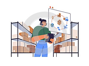 Warehouse manager organizing delivery of goods in boxes. Storehouse worker with tablet PC and packages on shelf. Digital