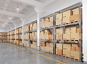 Warehouse with many racks and boxes