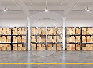 Warehouse with many racks and boxes