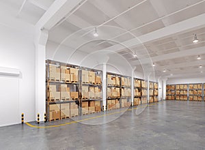 Warehouse with many racks and boxes