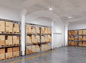 Warehouse with many racks and boxes