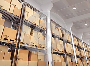 Warehouse with many racks and boxes