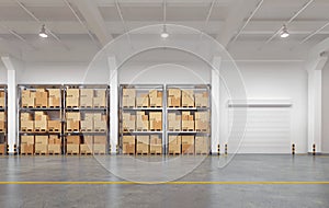 Warehouse with many racks and boxes