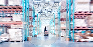 Warehouse metal structure interior with forklift truck in selective focus