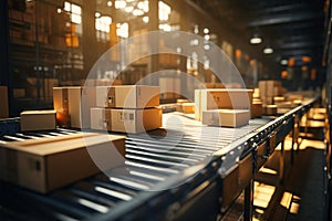 Warehouse morning scene conveyor belt action, boxes swiftly moving, packing