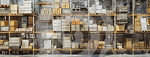 a warehouse with neatly stacked boxes in sturdy racks, highlighting the orderly arrangement and spacious layout.