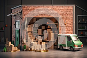 Warehouse with Open Door, Delivery Van Loaded with Cardboard Boxes Generative AI