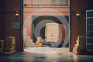 Warehouse with Open Door, Delivery Van Loaded with Cardboard Boxes Generative AI