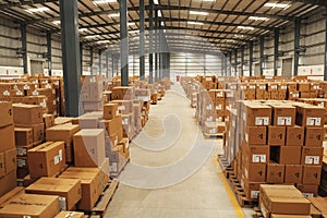 Warehouse, package shipment, freight transportation and delivery concept, cardboard boxes on pallet