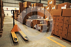 Warehouse, package shipment, freight transportation and delivery concept, cardboard boxes on pallet