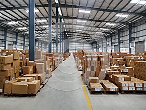 Warehouse, package shipment, freight transportation and delivery concept, cardboard boxes on pallet