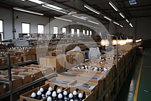 warehouse package storage box delivery cardboard shipping business distribution bulb. Generative AI.