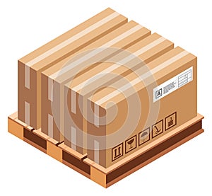Warehouse pallet with shipping boxes. Cardboard cargo packages stack isometric icon