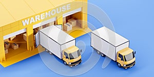 Warehouse with parcels, delivery van with mockup copy space
